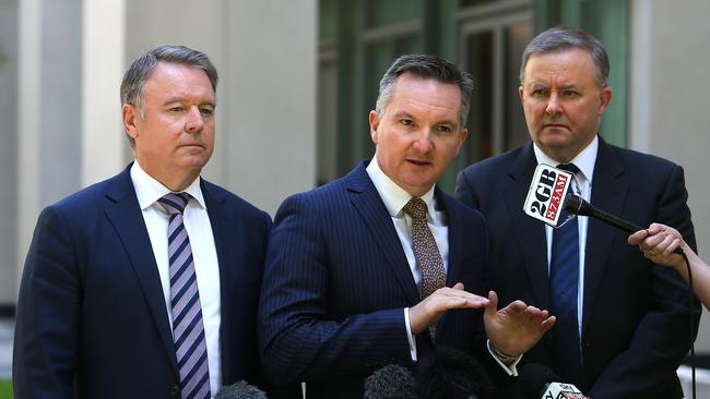 Joel Fitzgibbon, Chris Bowen and Anthony Albanese. Picture: Kym Smith