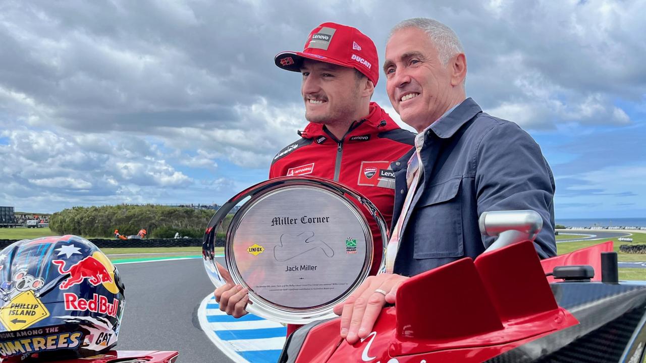 Jack Miller and Mick Doohan at the naming of Miller Corner at Phillip Island in 2022.