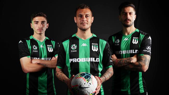 New Western United players Joshua Cavallo, Alessandro Diamanti and Panagiotis Kone at the A-League season launch. Picture: Getty Images