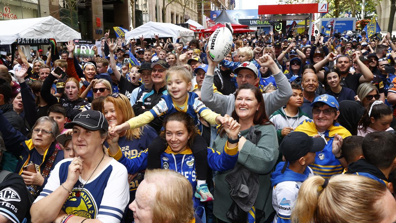 Crowds at the 2022 NRL Fan Fest at Martin Place in Sydney ahead of this weekend’s NRL Grand Final. Picture: Richard Dobson