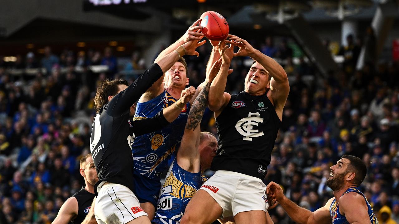 Jacob Weitering will be a major part of how Carlton curbs Geelong forwards Jeremy Cameron and Tom Hawkins. Picture: Getty Images