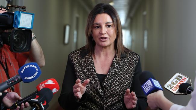 Senator Jacqui Lambie speaking at a doorstop at Parliament House. Picture: Kym Smith