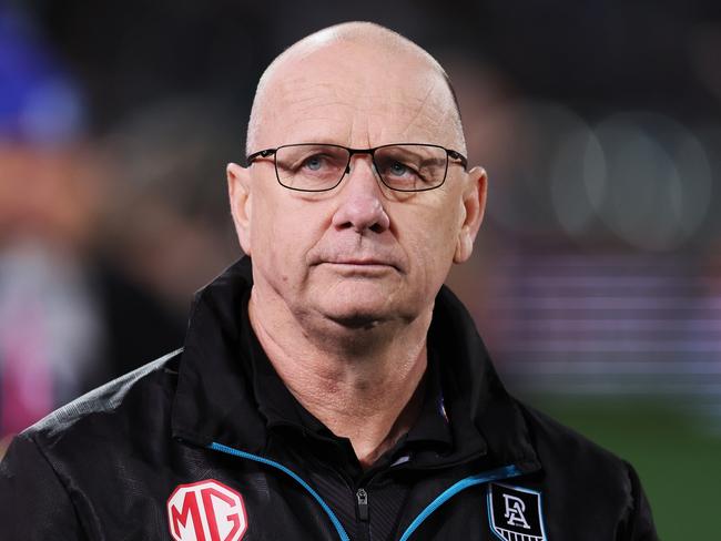 ADELAIDE, AUSTRALIA - JUNE 15: Ken Hinkley, Senior Coach of the Power during the 2023 AFL Round 14 match between the Port Adelaide Power and the Geelong Cats at Adelaide Oval on June 15, 2023 in Adelaide, Australia. (Photo by James Elsby/AFL Photos via Getty Images)