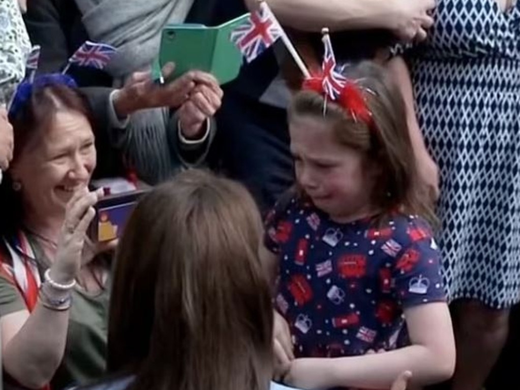 Princess Catherine comforts the overwhelmed little girl. Picture: BBC