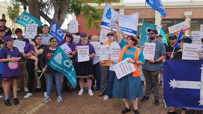 Protesters at the rally outside the Rockhampton Department of Education Regional Office on Bolsover St on Wednesday afternoon. Picture: Aden Stokes