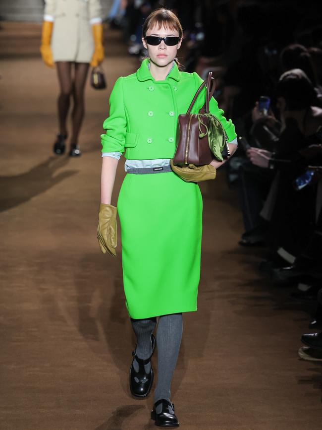 Skirt suits and leather gloves at Miu Miu. Picture: Getty Images