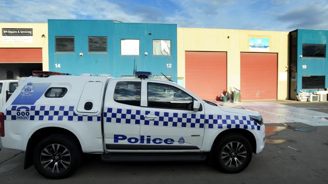 Police at the scene of an overnight stabbing at a Clayton South industrial estate. Picture: Andrew Henshaw