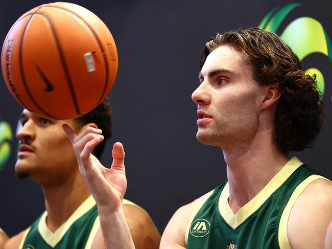 Australian Boomers player Josh Giddey was unveiled as a Chicago Bull before boarding a flight to join the Olympics squad. Picture: Quinn Rooney/Getty Images