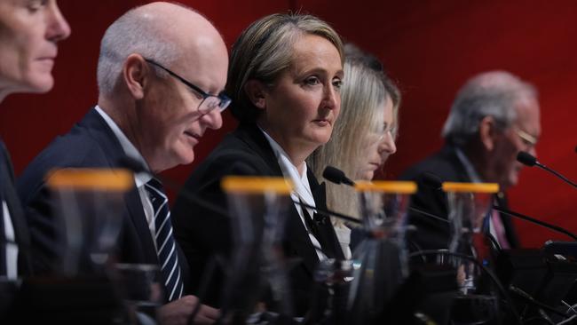 Last year’s Qantas AGM, at which chair Richard Goyder ordered a shareholder’s microphone be turned off during questions about Alan Joyce’s share sale. Picture: Luis Ascui