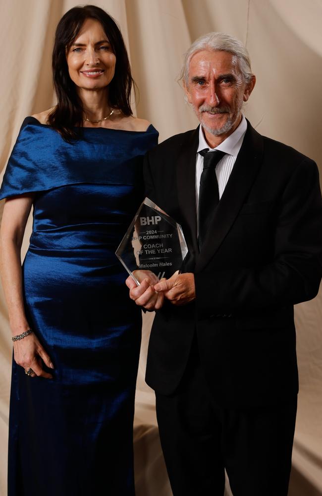 Geraldine Slattery (President Australia, BHP) with Malcolm Hales, winner of the Community Coach of the Year Award during the 2024 W Awards at Crown Palladium. Picture: Dylan Burns/AFL Photos via Getty Images