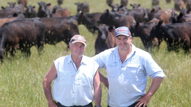 Rodda Manning with his father, Rod, on their Mansfield property. The Mannings were finalists in The Weekly Times Coles 2022 Farmer of the Year Awards. Picture: Yuri Kouzmin