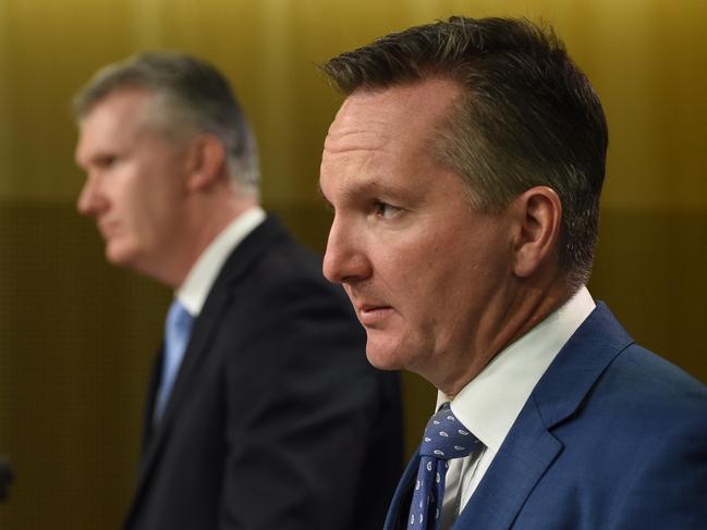 Shadow Finance Minister and Manager of Opposition Business Tony Burke (left) and Shadow Treasurer Chris Bowen address the media during a press conference in Sydney on Monday, June 27, 2016. Labor released it's full election budget costings yesterday, ahead of the federal election on Saturday. (AAP Image/Dan Himbrechts) NO ARCHIVING