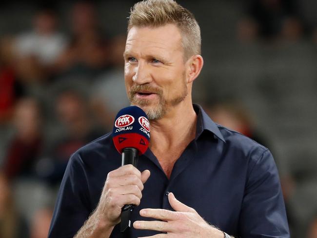 MELBOURNE, AUSTRALIA - MARCH 05: Nathan Buckley is seen commentating for FOX Footy during the 2022 AFL Community Series match between the Essendon Bombers and the St Kilda Saints at Marvel Stadium on March 5, 2022 In Melbourne, Australia. (Photo by Michael Willson/AFL Photos via Getty Images)