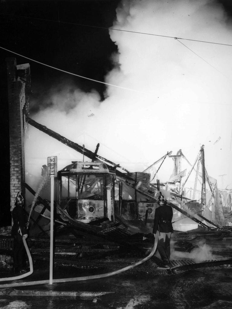 The Paddington tram depot fire in 1962 destroyed 67 trams. Picture: Noel Pascoe