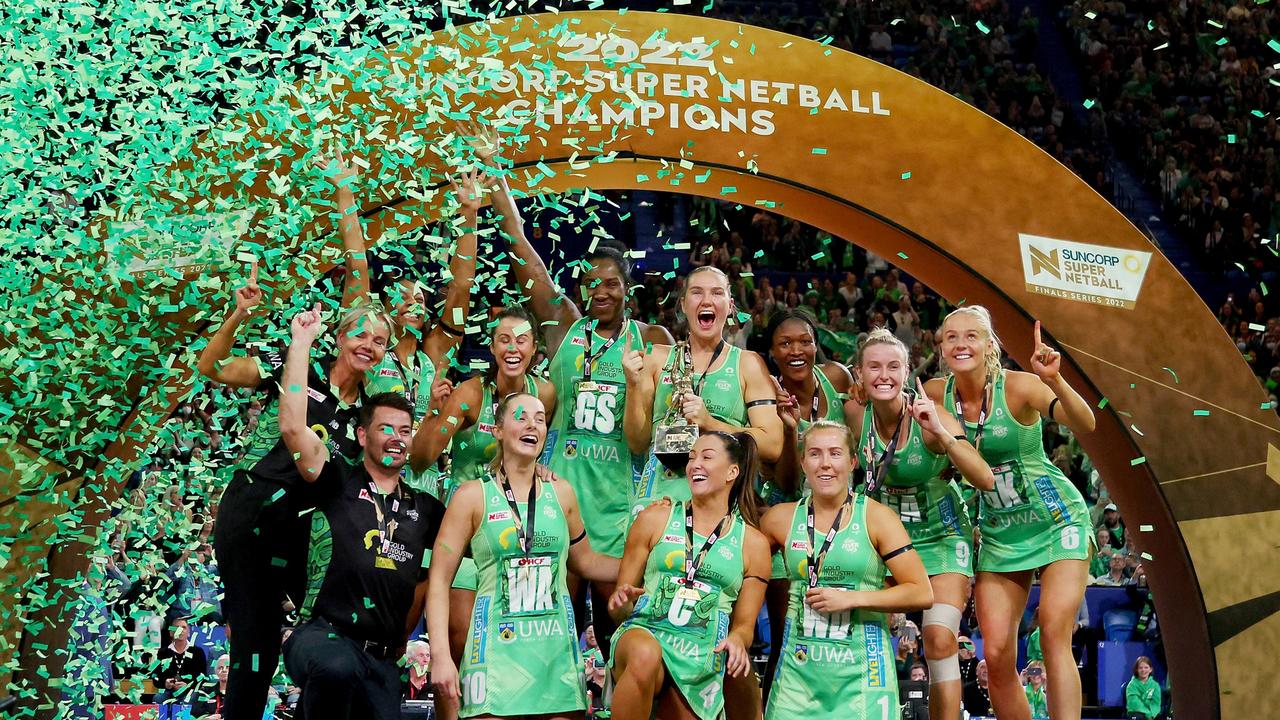 West Coast Fever players celebrate the win during the Super Netball Grand Final match between West Coast Fever and Melbourne Vixens at RAC Arena, on July 03, 2022, in Perth, Australia. (Photo by James Worsfold/Getty Images)