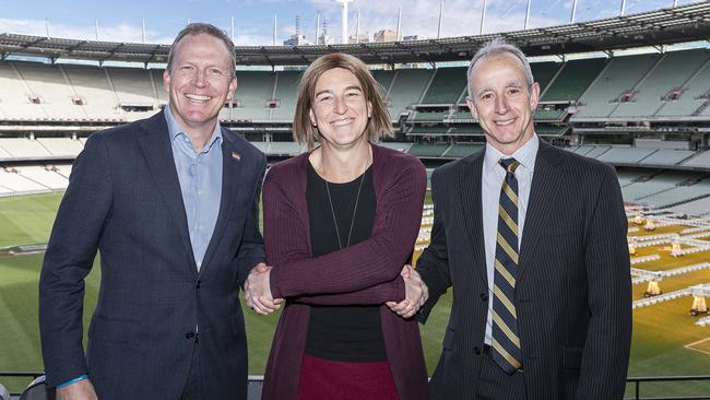 Cricket Australia CEO Kevin Roberts, transgender cricketer Erica James and Dr David Hughes pose during the Cricket Australia Major Policy Announcement. Picture: Getty