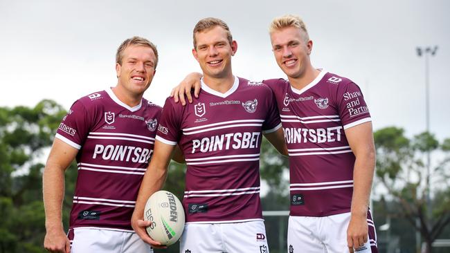 DAILY TELEGRAPH - 24 FEBRUARY, 2022. EMBARGOED FOR 9TH MARCH, 2022, DO NOT PUBLISH WITHOUT APPROVAL FROM DAILY TELEGRAPH SPORT AND PICTURE DESK. Manly Sea Eagles stars and siblings L-R Jake, Tom and Ben Trbojevic pictured at the Sea Eagles training centre in Narrabeen. Picture: Toby Zerna