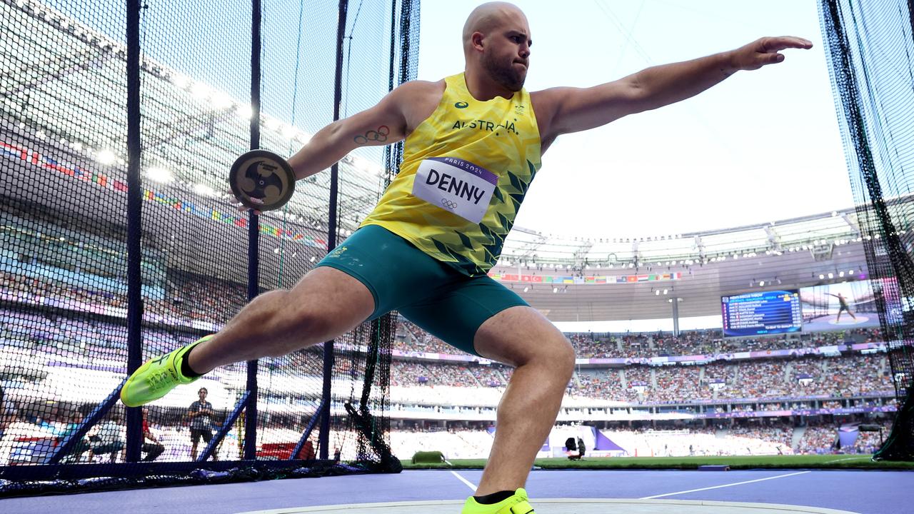 Matthew Denny throws during qualification for the final of the men’s discus final at the Paris Olympic Games. Picture: Getty Images