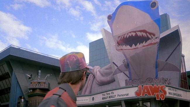 Holomax Jaws and Michael J Fox in a scene from the 1989 film Back To The Future II. (screengrab from DVD)