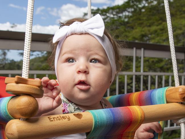 6 month old Ensley Damiri in a custom baby and toddler swing made in Australia by Swingz n Thingz at Doonan.  Photo Lachie Millard