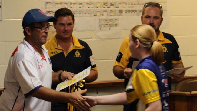 Derek Durie Congratulates Emily Shepperson. Picture: Supplied