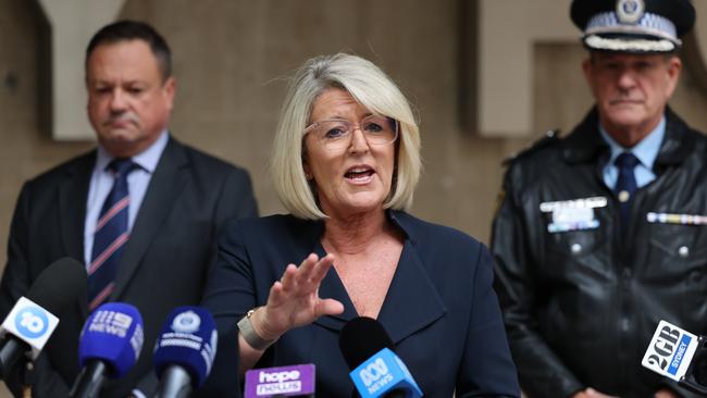 Minister for Police and Counter-terrorism, Yasmin Catley joined by Detective Superintendent Jason Box and NSW Police Force Deputy Commissioner David Hudson, during a press conference outside announcing the new taskforce. Picture: Tim Hunter.