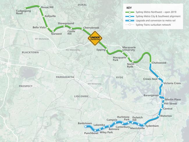 A map showing the Sydney Metro route.