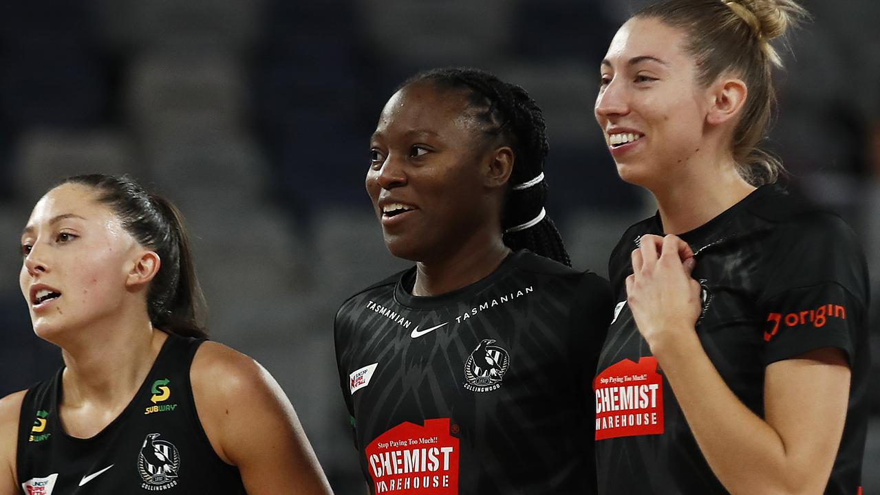 Import goaler Kalifa McCollin (second from right) could be under pressure if the Magpies want more support from Shimona Nelson in the circle. Photo: Getty Images