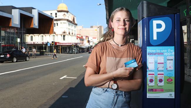 Molly Grey, 18, is frustrated with the one-hour parking meters in the CBD that cost $2 but the minimum credit card payment is $3. Picture: LUKE BOWDEN