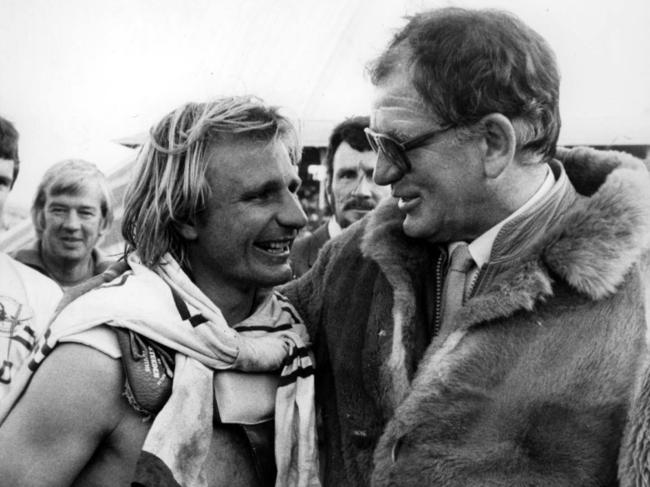 Peter Sterling (L) with coach Jack Gibson after Parramatta defeated Manly in 1983 Grand Final at the SCG in Sydney, 25/09/1983.