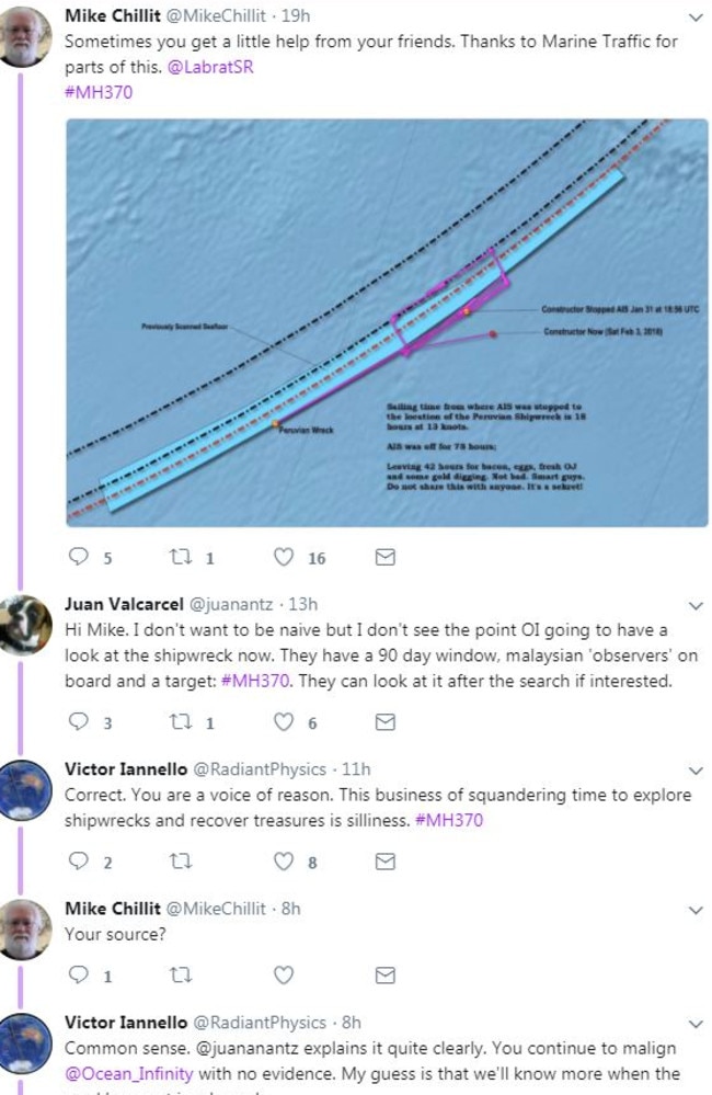 MH370 enthusiast Mike Chillit posted the position of the shipwreck S.V Inca vs. the last known position of Seabed Constructor before it turned off its radar. Picture: Twitter