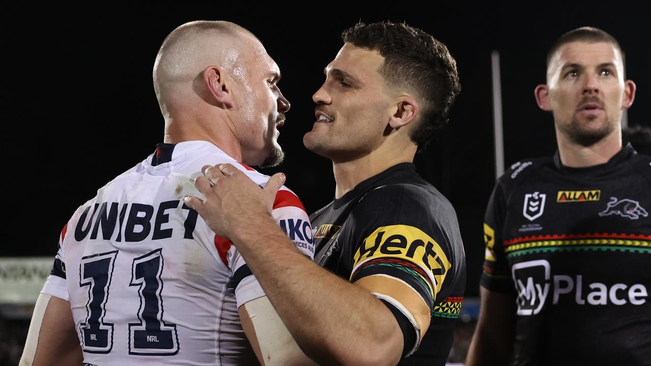 Nathan Cleary’s shoulder passed a major test after having to tackle Angus Crichton on Friday night. Picture: Cameron Spencer/Getty Images