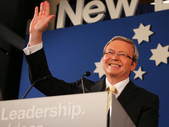 Sunday Telegraph 75th Anniversary -  NEWS: Labor Leader Kevin Rudd with wife Therese at Suncorp Stadium in Brisbane as they celebrate victory in winning government in 2007 federal election.