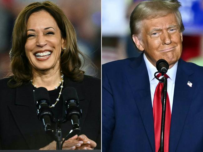 (COMBO) This combination of pictures created on October 30, 2024 shows US Vice President and Democratic presidential candidate Kamala Harris (L) speaking during a Get Out the Vote rally at the Pennsylvania Farm Show Complex & Expo Center in Harrisburg, Pennsylvania, on October 30, 2024 and former US President and Republican presidential candidate Donald Trump speaking at a campaign rally at the PPL Center in Allentown, Pennsylvania, on October 29, 2024.  (Photo by ANGELA WEISS / AFP)