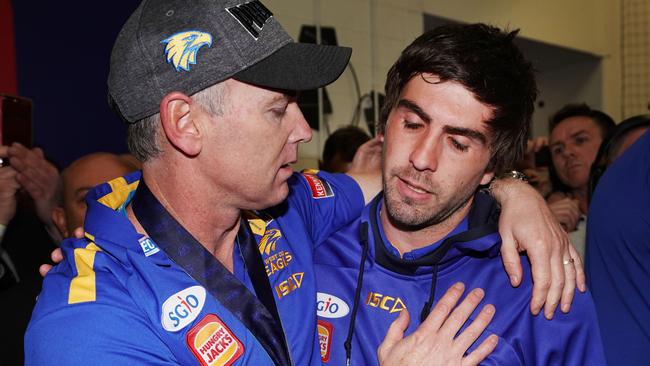 Eagles head coach Adam Simpson consoles Andrew Gaff after the Grand Final.