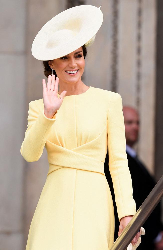 Catherine, Duchess of Cambridge, waves as she leaves at the end of the National Service of Thanksgiving for The Queen's reign at Saint Paul's Cathedral in London. Picture: AFP