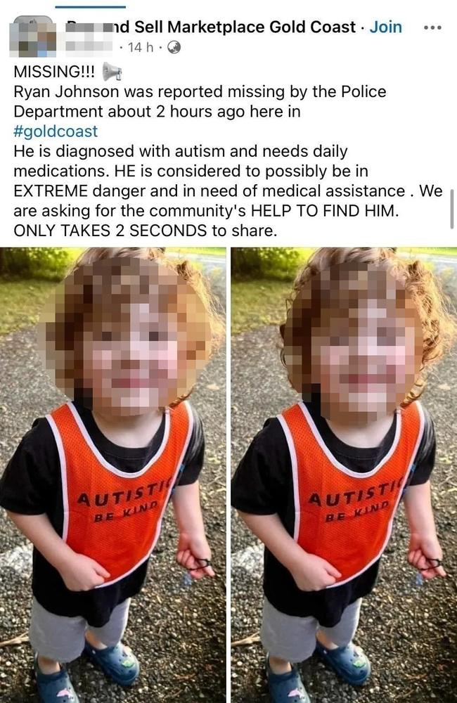 A fake alert about a missing child shared to a group on the Gold Coast.