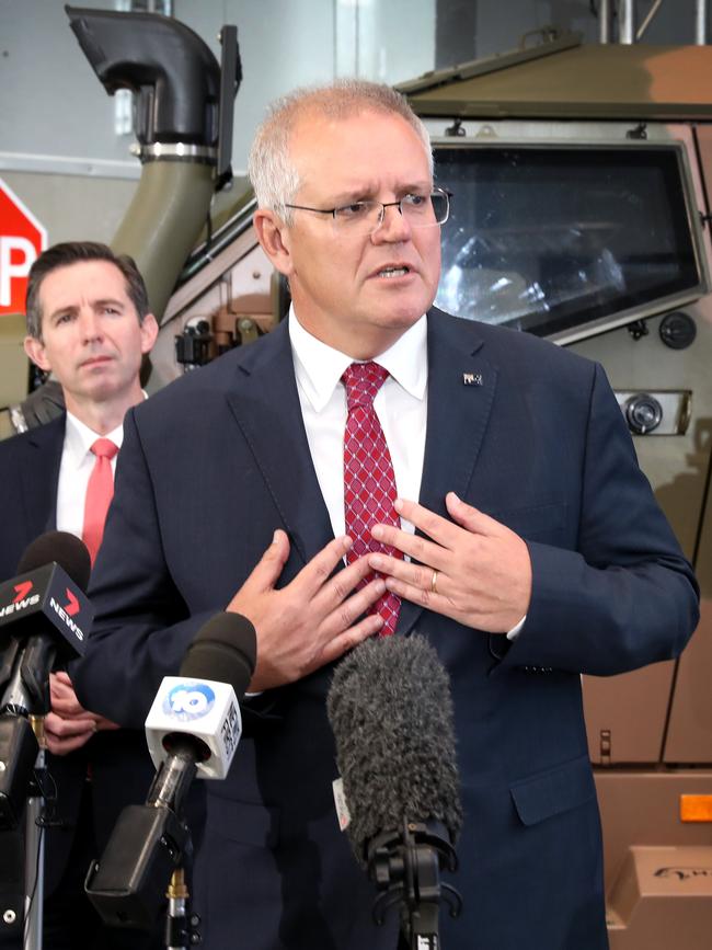 Scott Morrison and Simon Birmingham, left, in Adelaide on Wednesday. Picture: Dean Martin