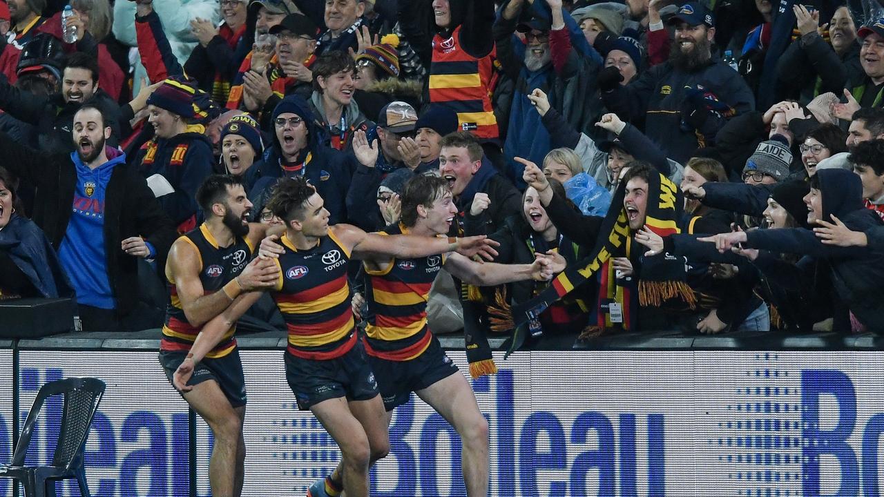 Ben Keays and the Crows celebrate while Sydney quickly took the kick-in. Picture: Mark Brake/Getty Images