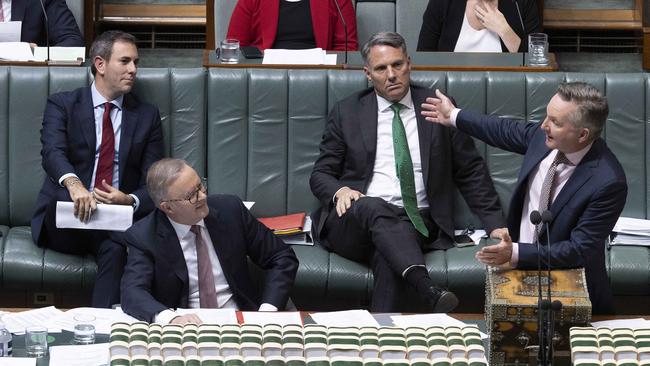 Jim Chalmers, Richard Marles with PM Albanese and Climate Minister Chris Bowen in Question Time in the House of Representatives in Parliament House in Canberra. Picture: NCA NewsWire / Gary Ramage