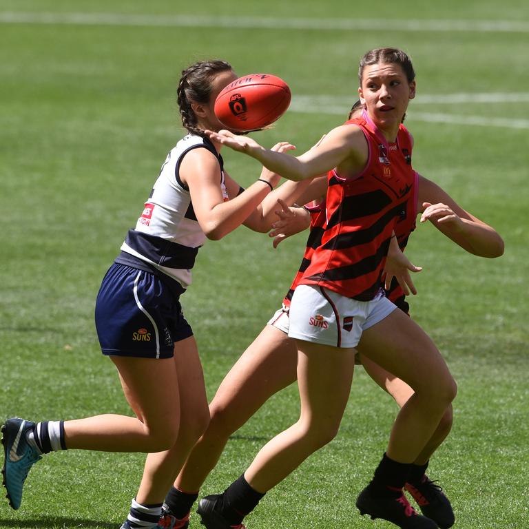 Junior under 15 Girls AFL Final between Broadbeach and Burleigh. Burleigh's Elli Boyd and Broadbeach's Lucy Delre. (Photo/Steve Holland)