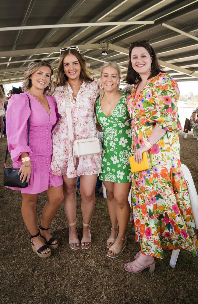 Clifton locals (from left) Jane Shooter, Amy Morris, Ashleigh McLean and Bridie Shooter at the Clifton Races, Saturday, October 28, 2023. Picture: Kevin Farmer