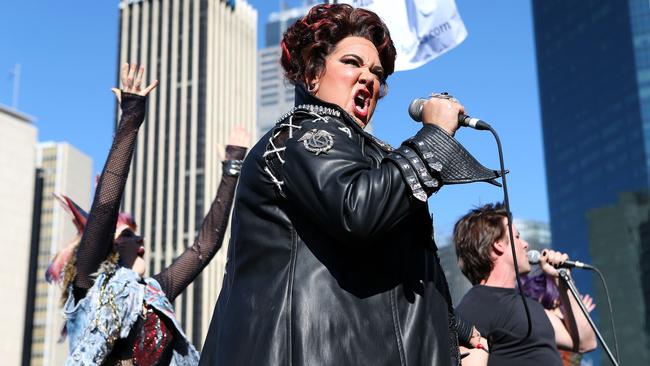 Casey Donovan with the cast of We Will Rock You perform at Circular Quay in Sydney.