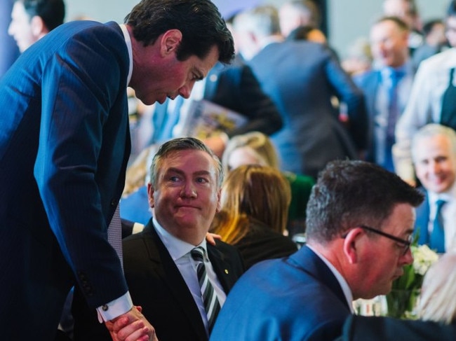 Eddie McGuire, with Victorian Premier Daniel Andrews and AFL boss Gil McLachlan on grand final day 2018. CREDIT: AFL MEDIA