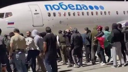 A pro-Palestinian mob at the airport in Makhachkala, in the Russian republic of Dagestan after the arrival of a scheduled flight from Tel Aviv. Picture: Twitter