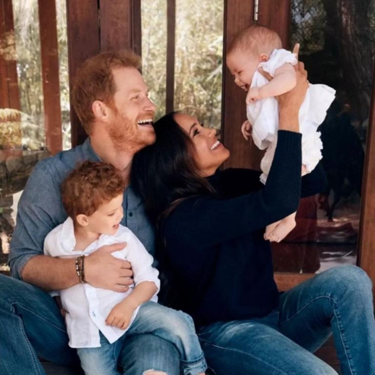 Prince Harry and Meghan Markle with Archie and Lilibet in their 2021 Christmas Card. Picture: Alexi Lubomirski/ Handout/ The Duke and Duchess of Sussex.