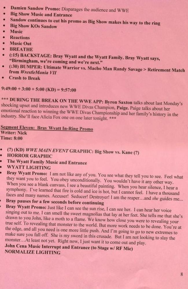 This is what a professional wrestling script looks like from the WWE