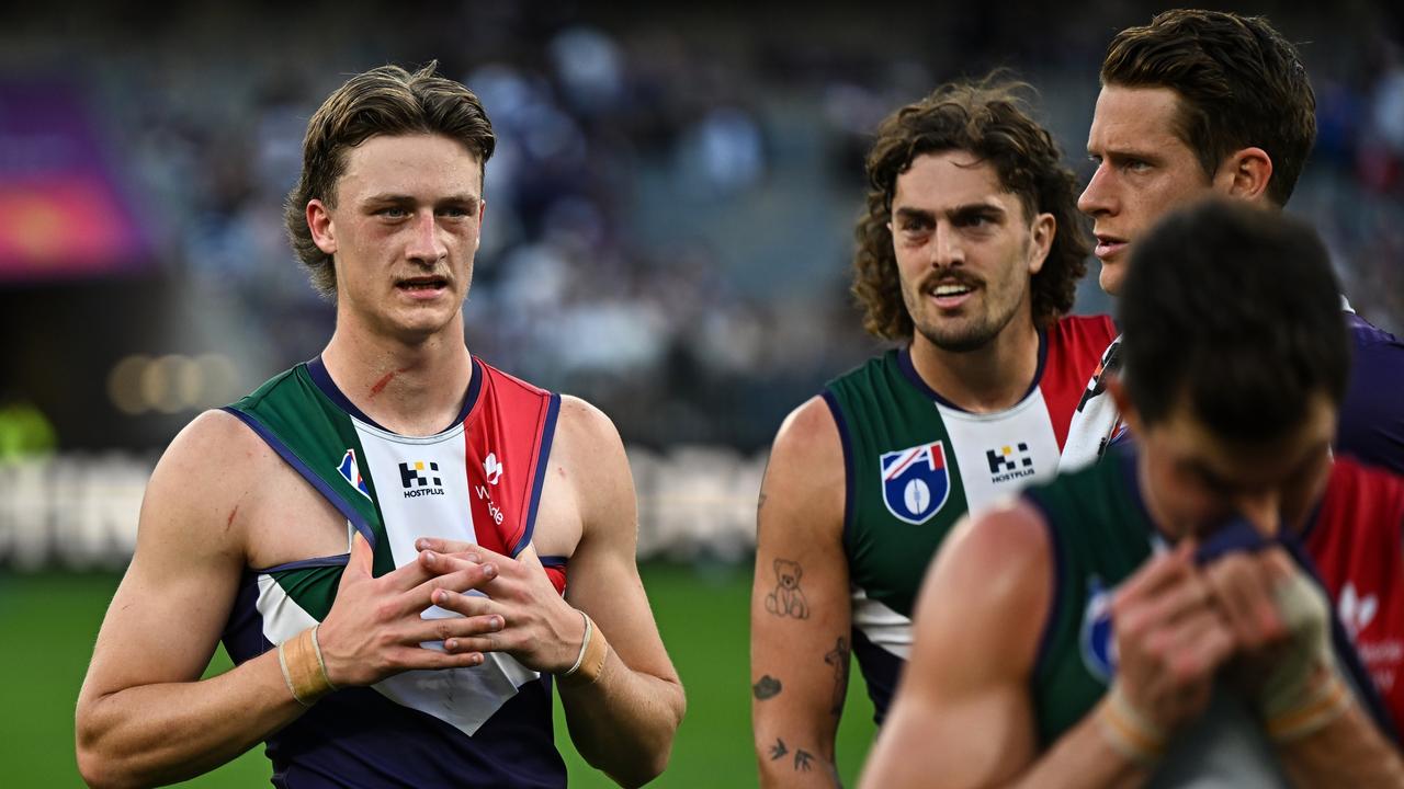 PERTH, AUSTRALIA - AUG 10: Jye Amiss of the Dockers looks dejected after a loss during the 2024 AFL Round 22 match between the Fremantle Dockers and the Geelong Cats at Optus Stadium on August 10, 2024 in Perth, Australia. (Photo by Daniel Carson/AFL Photos via Getty Images)