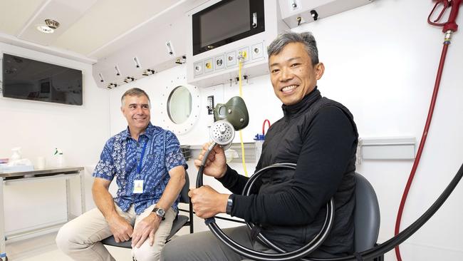 Sushi chef Masaaki Koyama has spent the past week being treated for diving illness in the Royal Hobart Hospital’s hyperbaric medicine unit after hookah diving for scallops off Bruny Island. He and his doctor Professor David Smart want to raise awareness of the risks involved in hookah diving. Picture: Chris Kidd