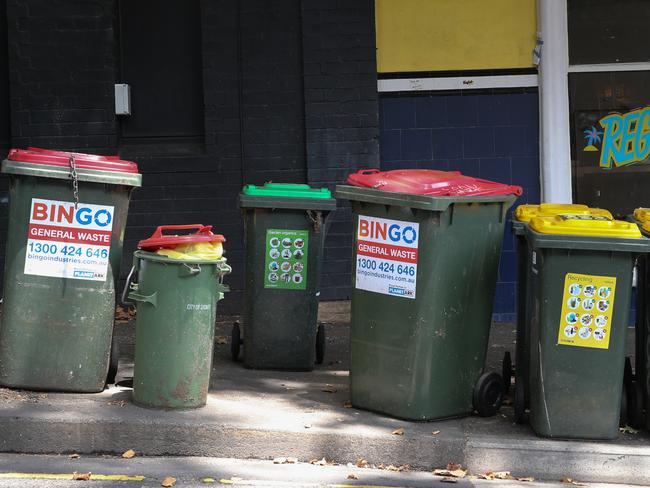 SYDNEY, AUSTRALIA - Newswire photos FEBUARY 08 2022: A view of bins out full of rubbish waiting to be emptied in Darlinghurst as the waste workers strike continues leaving the streets of the city of Sydney overrun with rubbish. Picture: NCA Newswire / Gaye Gerard